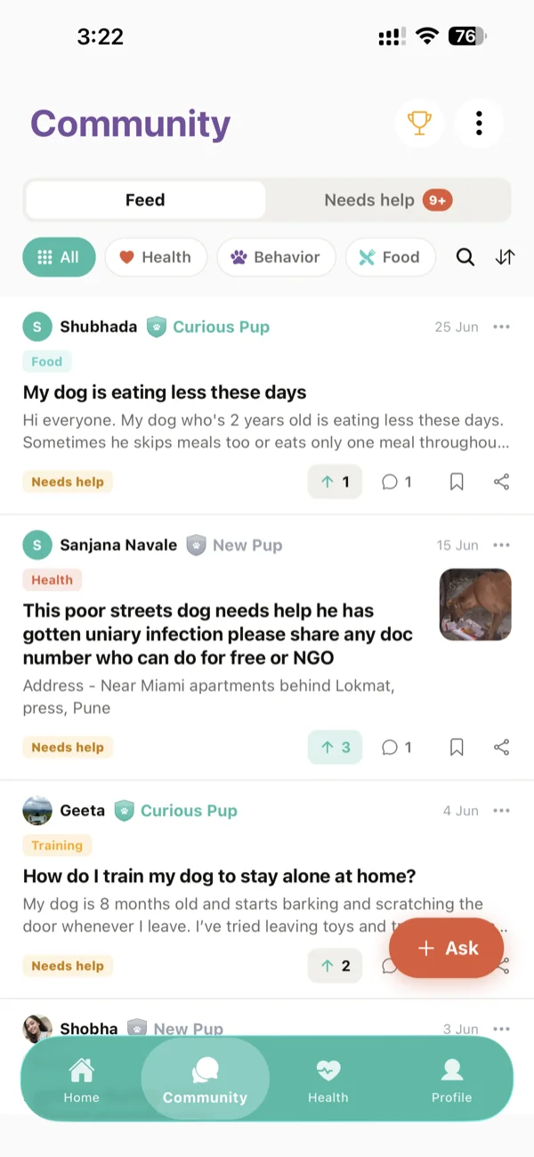 Community feed: questions and answers from other dog owners.