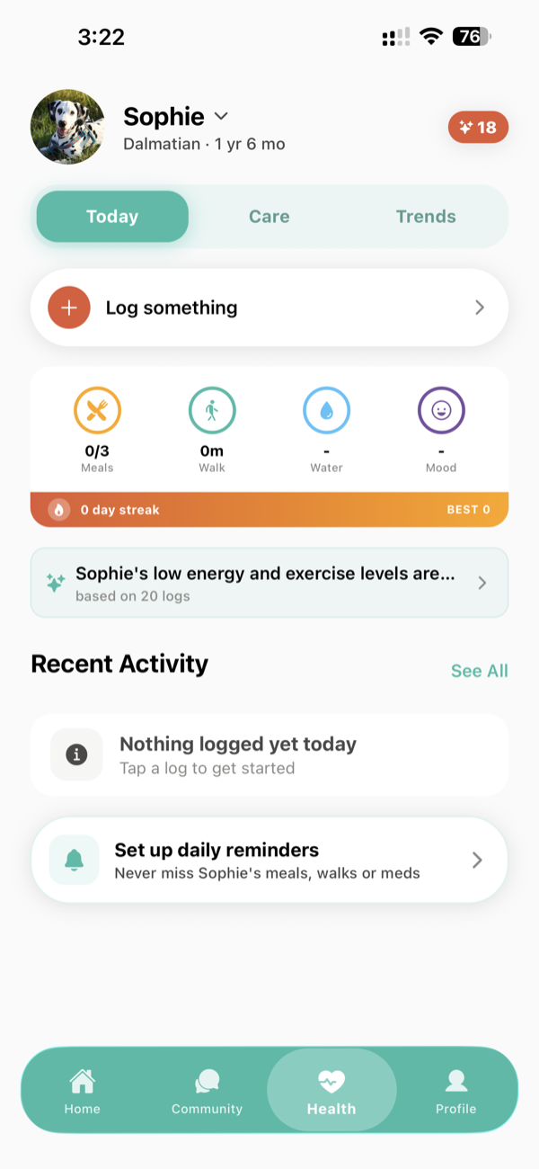 Health tracking: meals, walks, water and mood with streaks.