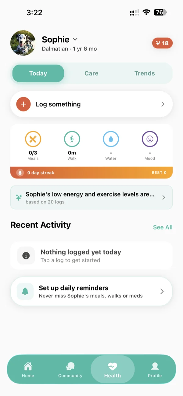 Health tracking: meals, walks, water and mood with streaks.