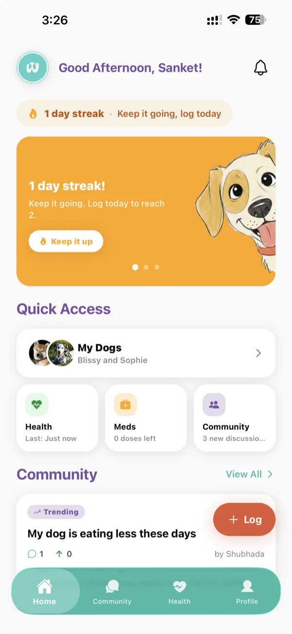 Woofadaar home: greeting, daily streak, quick access and community.