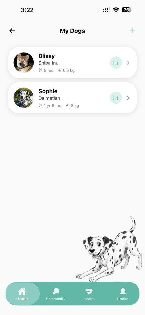 My Dogs: each dog's profile with breed, age and weight.