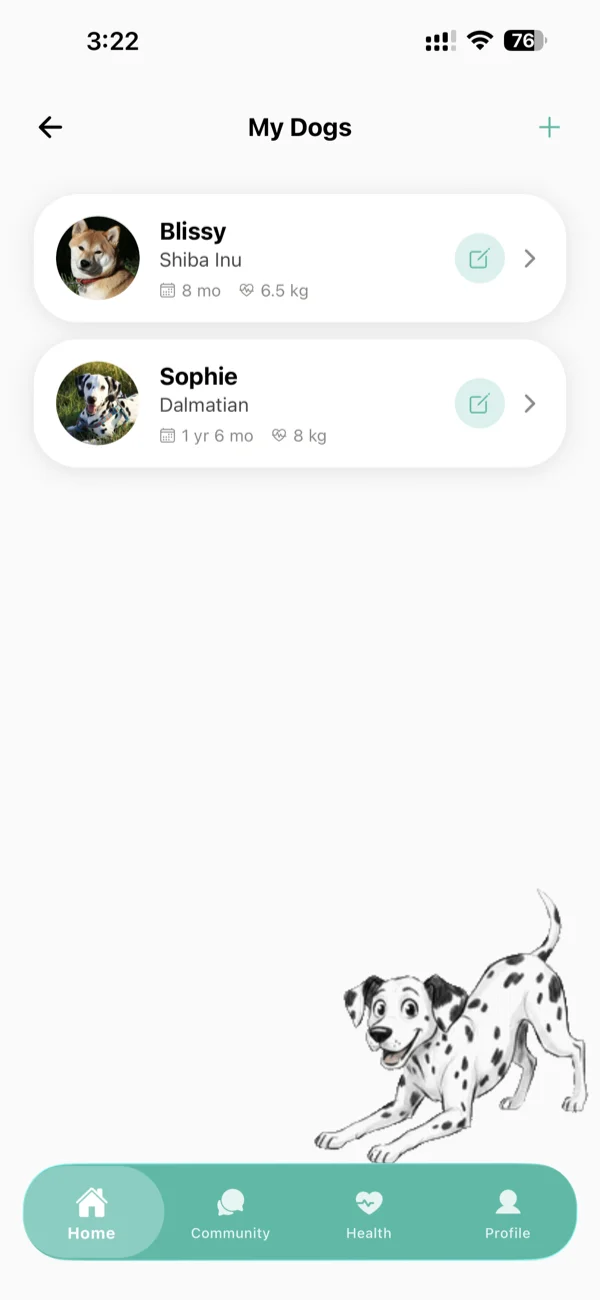 My Dogs: each dog's profile with breed, age and weight.
