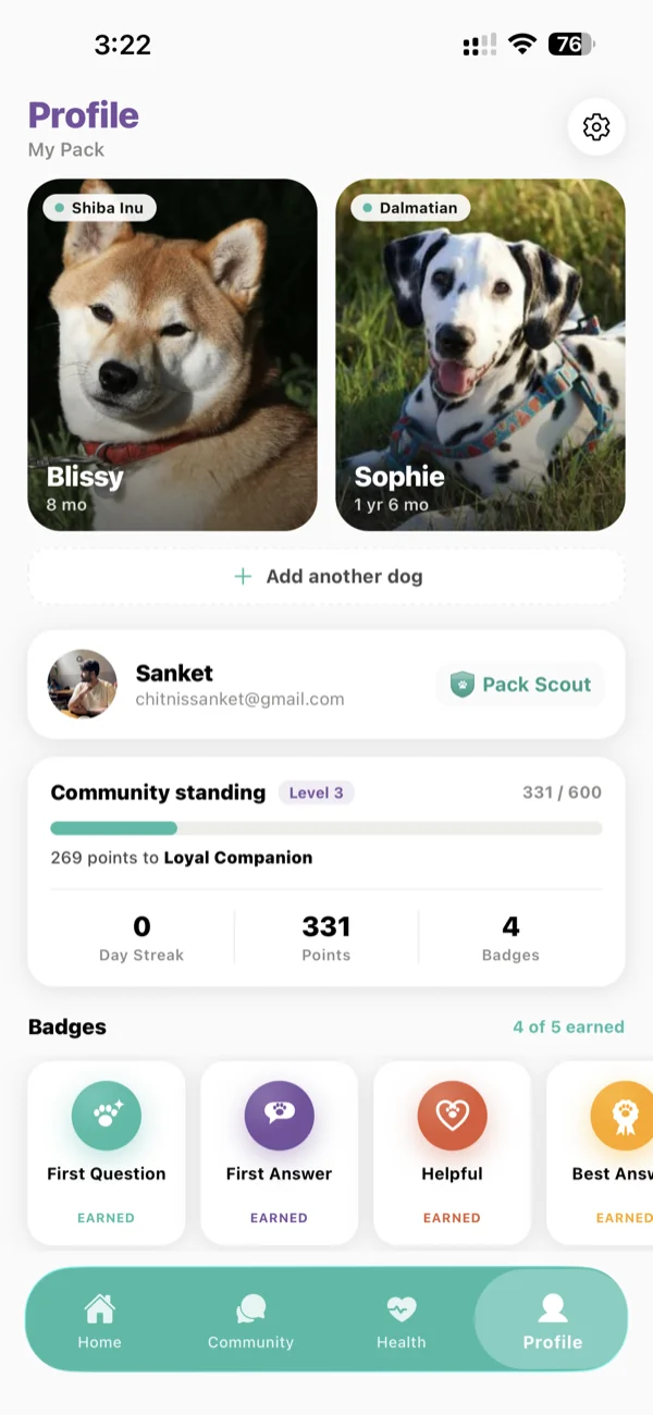 Profile: your pack, community standing, points and badges.