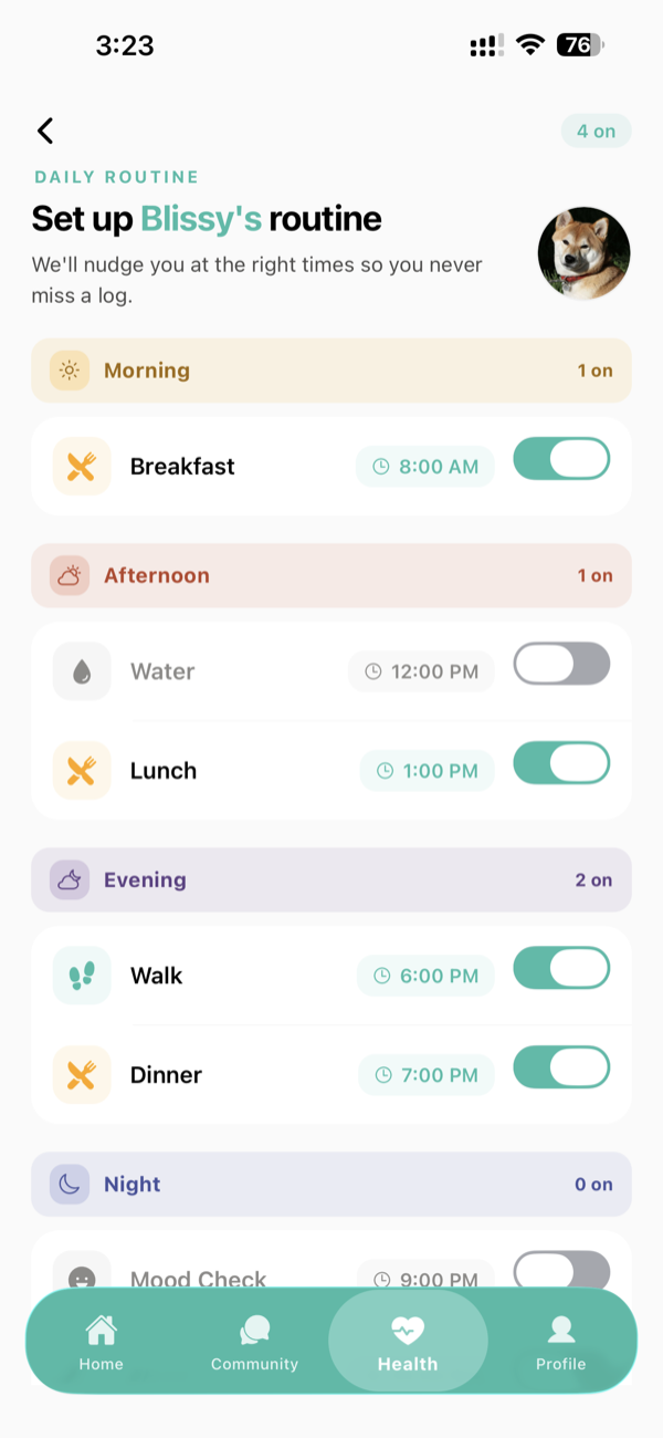 Daily routine: morning to night reminders with toggles.