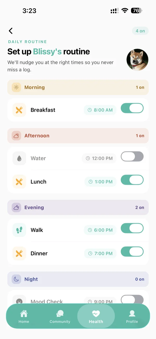 Daily routine: morning to night reminders with toggles.